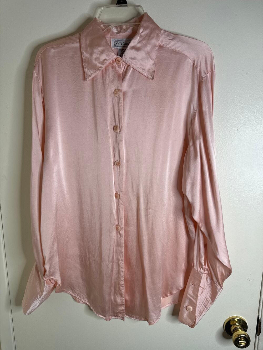 VTG Silk Land Pastel Pink Long Sleeve 100% Silk Blouse Size Small Dagger Collar